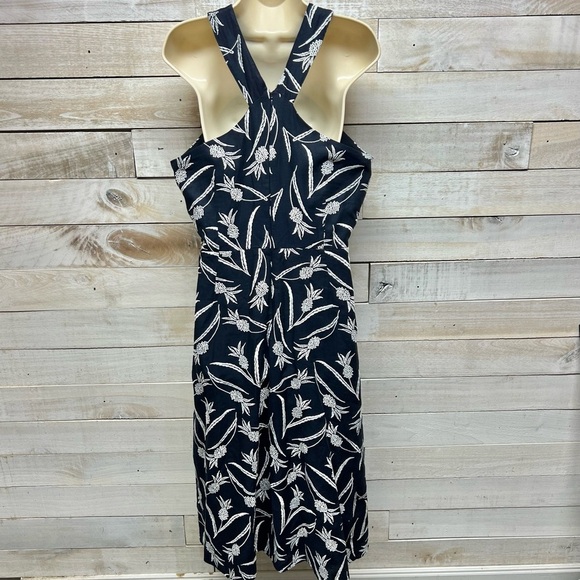 Ann Taylor Dress Womens 14 Blue White Linen Blend Halter Embroidered Pineapple - Picture 9 of 13